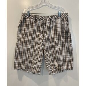 Ashworth Mens 34W Plaid Golf Shorts Tan Grey White Flat Front Performance Casual